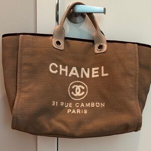 CHANEL Tan Canvas Tote with Logo